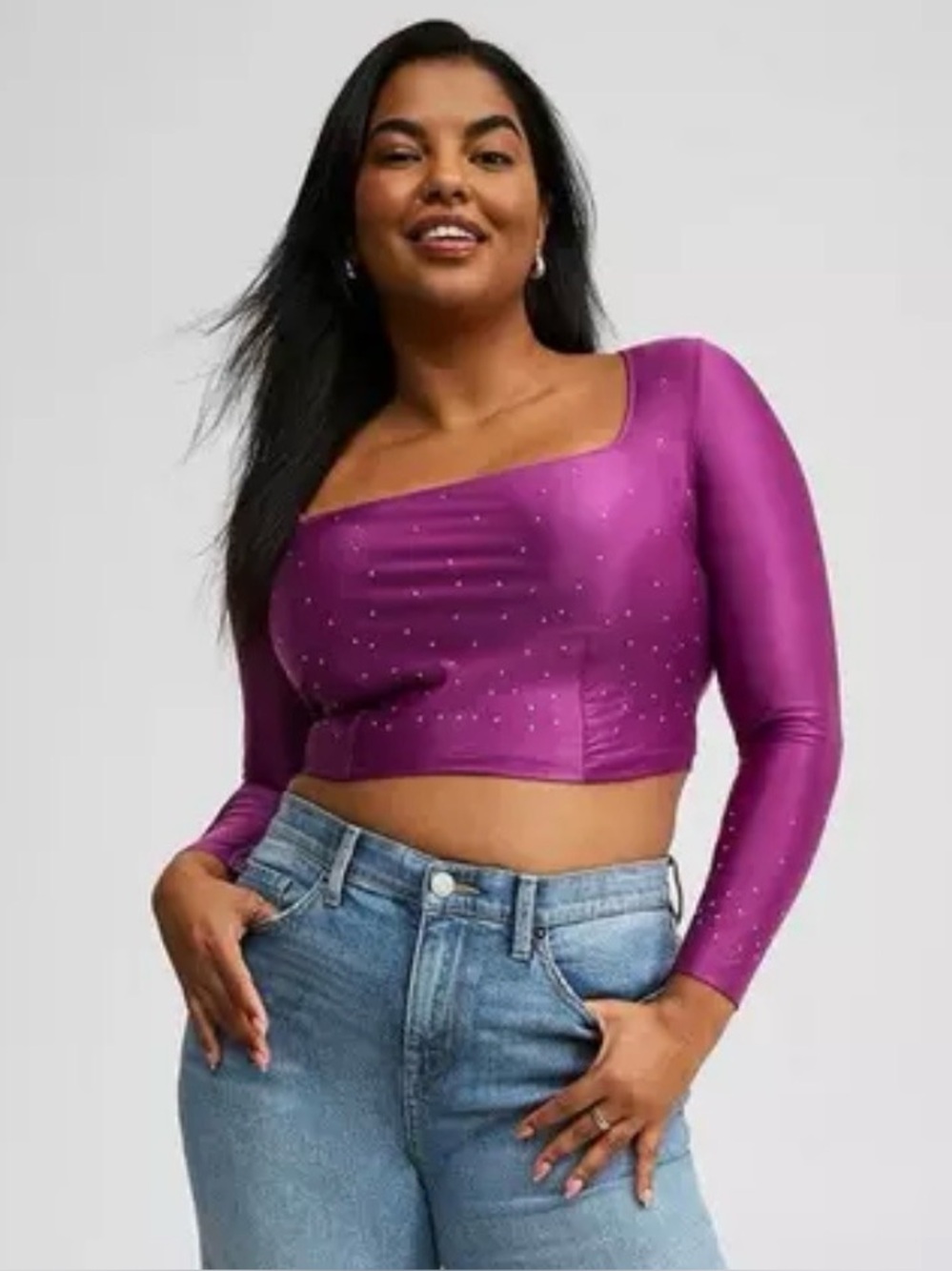 Torrid NWT Purple Diamante Long Sleeve Crop Top Plus Size 5 26/28 Bling Glam Y2K
